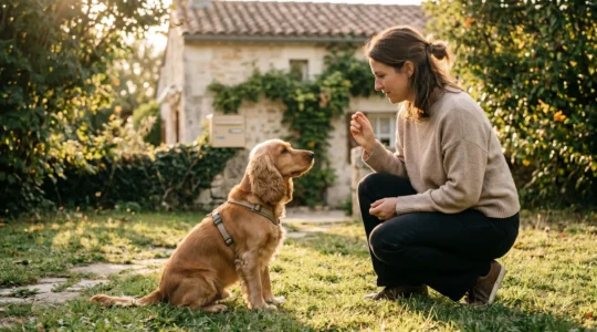 Propriétaire et chien de type Cocker dans un jardin résidentiel lors d'une séance d'éducation positive avec friandises, interaction calme et attentive, lumière naturelle d'après-midi