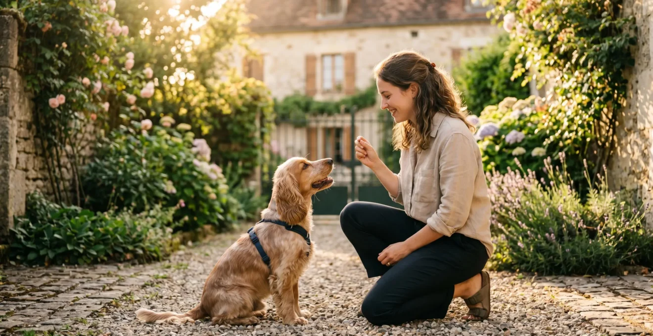 Propriétaire et chien de type Cocker dans un jardin résidentiel lors d'une séance d'éducation positive avec friandises, interaction calme et attentive, lumière naturelle d'après-midi