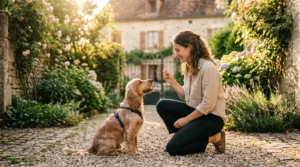 Propriétaire et chien de type Cocker dans un jardin résidentiel lors d'une séance d'éducation positive avec friandises, interaction calme et attentive, lumière naturelle d'après-midi