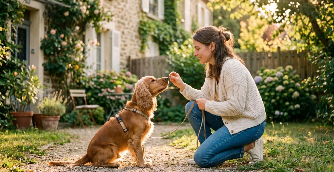 Propriétaire et chien de type Cocker dans un jardin résidentiel lors d'une séance d'éducation positive avec friandises, interaction calme et attentive, lumière naturelle d'après-midi