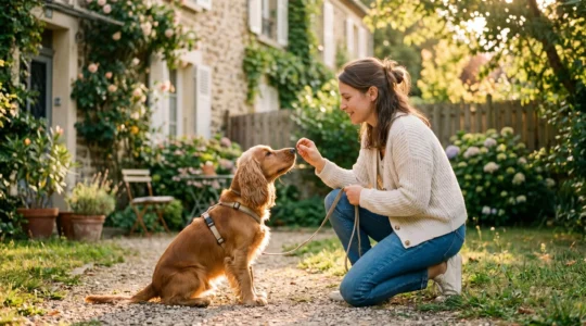 Propriétaire et chien de type Cocker dans un jardin résidentiel lors d'une séance d'éducation positive avec friandises, interaction calme et attentive, lumière naturelle d'après-midi