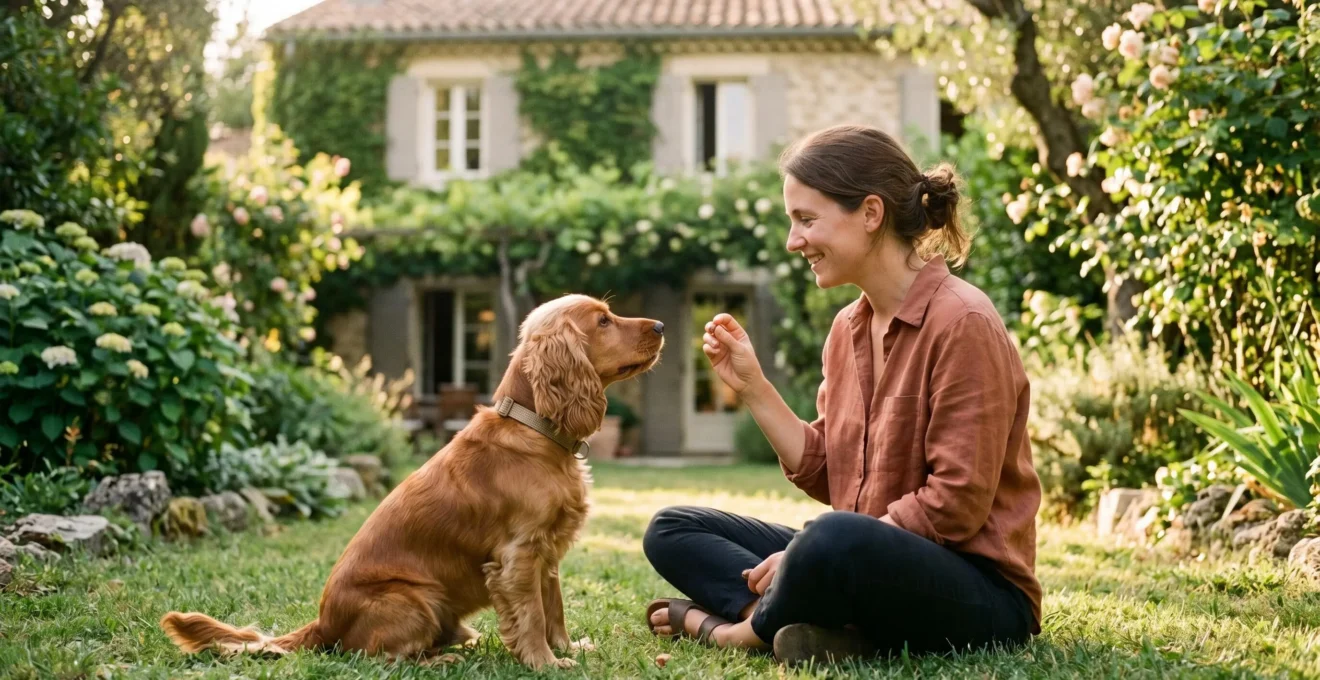 Propriétaire et chien de type Cocker dans un jardin résidentiel lors d'une séance d'éducation positive avec friandises, interaction calme et attentive, lumière naturelle d'après-midi