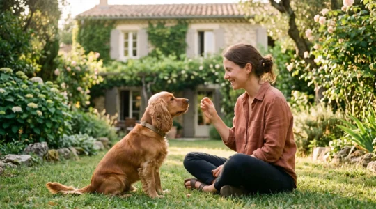 Propriétaire et chien de type Cocker dans un jardin résidentiel lors d'une séance d'éducation positive avec friandises, interaction calme et attentive, lumière naturelle d'après-midi