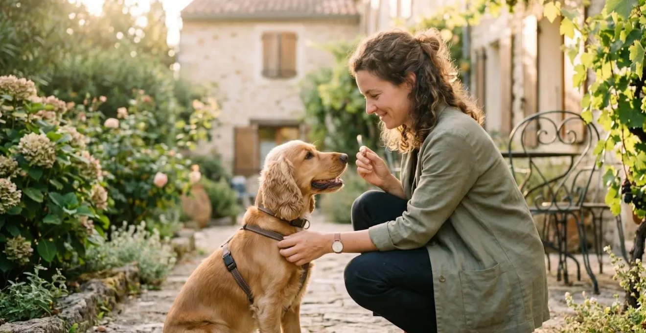 Propriétaire et chien de type Cocker dans un jardin résidentiel lors d'une séance d'éducation positive avec friandises, interaction calme et attentive, lumière naturelle d'après-midi