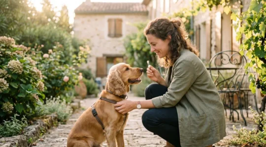 Propriétaire et chien de type Cocker dans un jardin résidentiel lors d'une séance d'éducation positive avec friandises, interaction calme et attentive, lumière naturelle d'après-midi