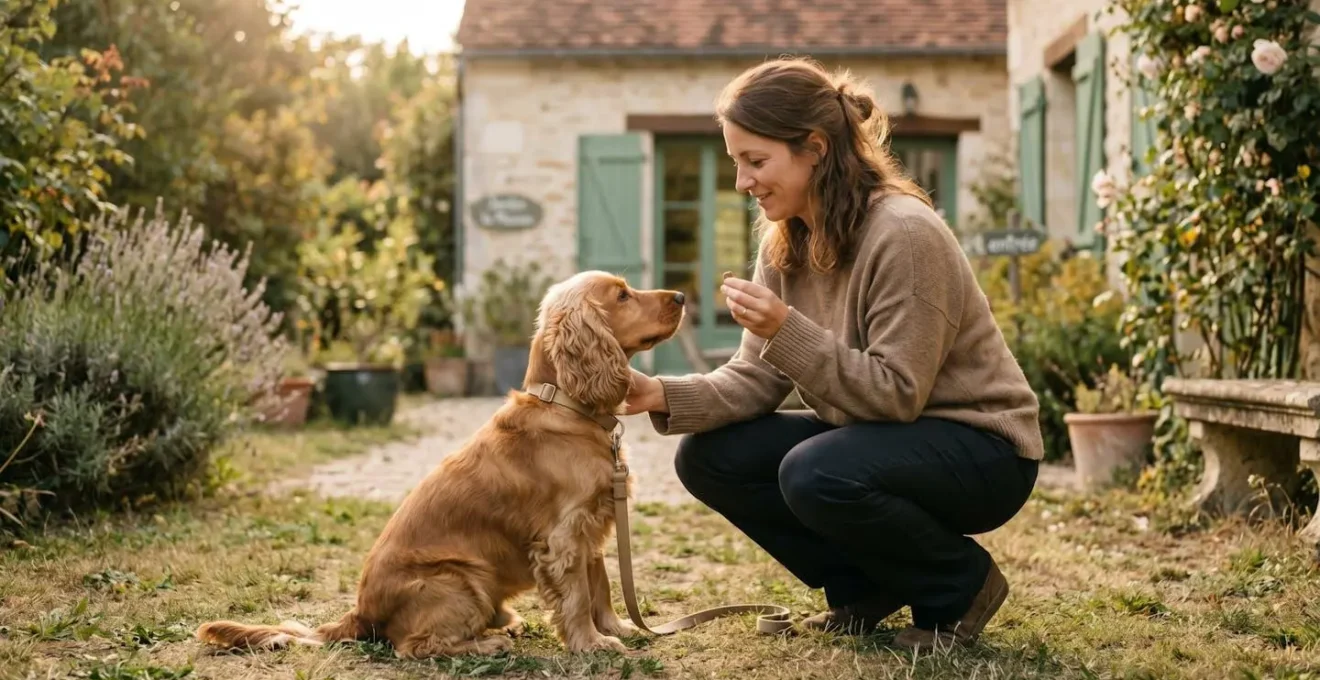 Propriétaire et chien de type Cocker dans un jardin résidentiel lors d'une séance d'éducation positive avec friandises, interaction calme et attentive, lumière naturelle d'après-midi