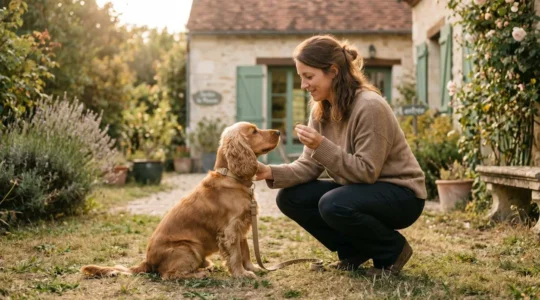 Propriétaire et chien de type Cocker dans un jardin résidentiel lors d'une séance d'éducation positive avec friandises, interaction calme et attentive, lumière naturelle d'après-midi