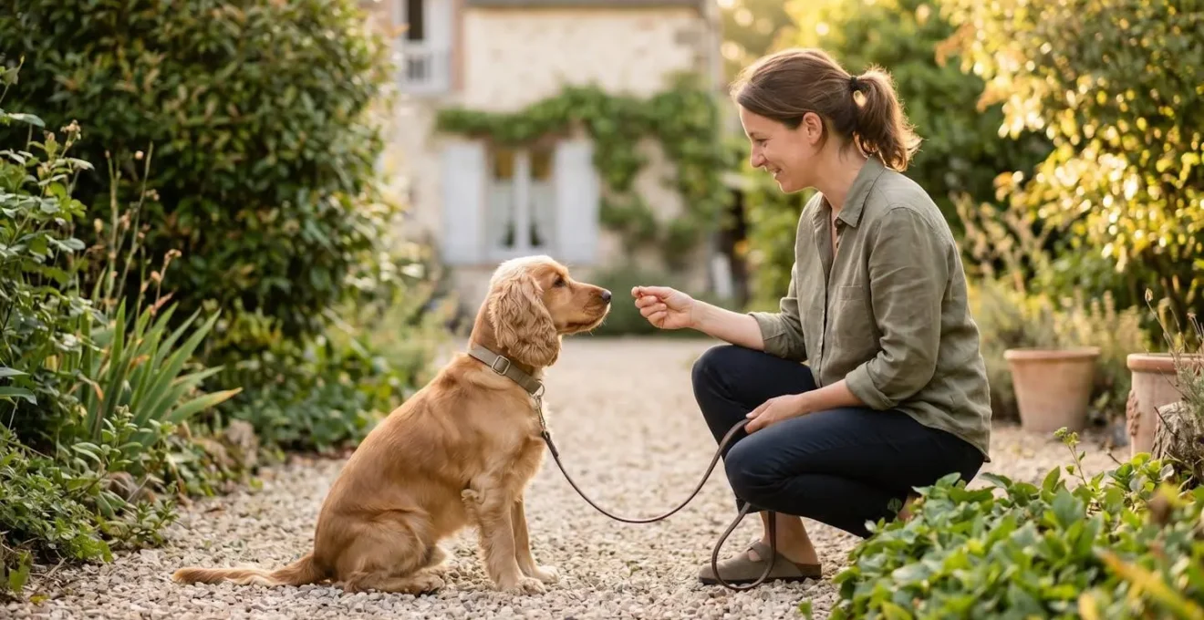 Propriétaire et chien de type Cocker dans un jardin résidentiel lors d'une séance d'éducation positive avec friandises, interaction calme et attentive, lumière naturelle d'après-midi