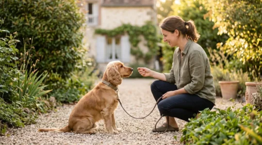 Propriétaire et chien de type Cocker dans un jardin résidentiel lors d'une séance d'éducation positive avec friandises, interaction calme et attentive, lumière naturelle d'après-midi