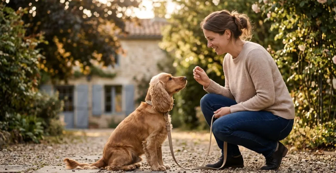 Propriétaire et chien de type Cocker dans un jardin résidentiel lors d'une séance d'éducation positive avec friandises, interaction calme et attentive, lumière naturelle d'après-midi