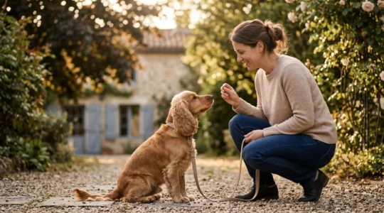 Propriétaire et chien de type Cocker dans un jardin résidentiel lors d'une séance d'éducation positive avec friandises, interaction calme et attentive, lumière naturelle d'après-midi