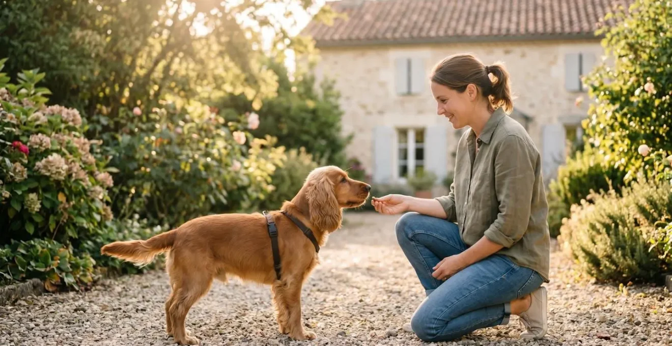 Propriétaire et chien de type Cocker dans un jardin résidentiel lors d'une séance d'éducation positive avec friandises, interaction calme et attentive, lumière naturelle d'après-midi