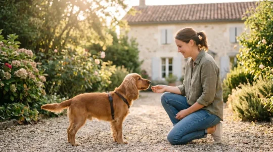 Propriétaire et chien de type Cocker dans un jardin résidentiel lors d'une séance d'éducation positive avec friandises, interaction calme et attentive, lumière naturelle d'après-midi