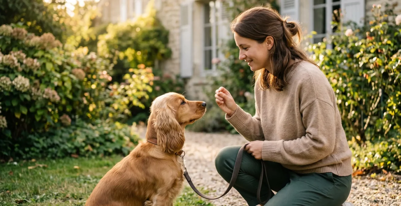 Propriétaire et chien de type Cocker dans un jardin résidentiel lors d'une séance d'éducation positive avec friandises, interaction calme et attentive, lumière naturelle d'après-midi