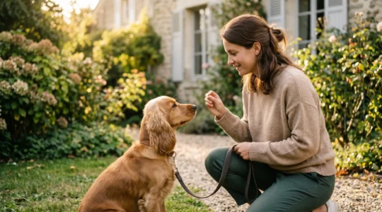 Propriétaire et chien de type Cocker dans un jardin résidentiel lors d'une séance d'éducation positive avec friandises, interaction calme et attentive, lumière naturelle d'après-midi
