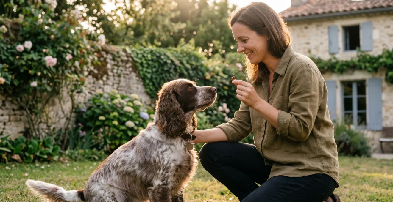 Propriétaire et chien de type Cocker dans un jardin résidentiel lors d'une séance d'éducation positive avec friandises, interaction calme et attentive, lumière naturelle d'après-midi
