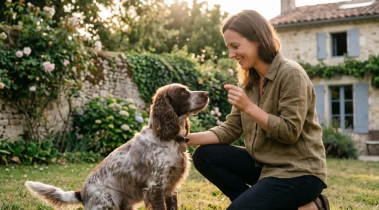 Propriétaire et chien de type Cocker dans un jardin résidentiel lors d'une séance d'éducation positive avec friandises, interaction calme et attentive, lumière naturelle d'après-midi