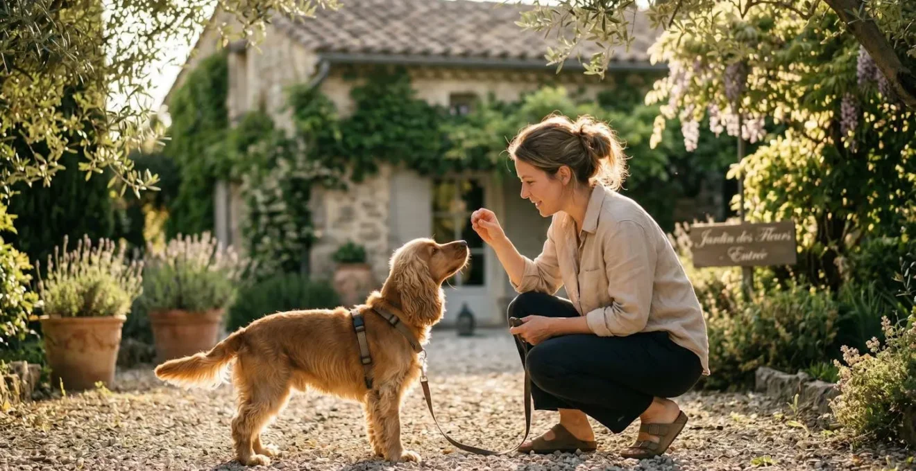 Propriétaire et chien de type Cocker dans un jardin résidentiel lors d'une séance d'éducation positive avec friandises, interaction calme et attentive, lumière naturelle d'après-midi