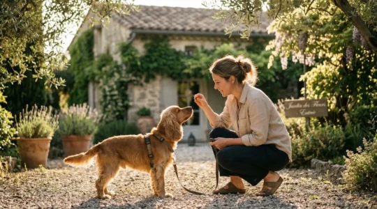 Propriétaire et chien de type Cocker dans un jardin résidentiel lors d'une séance d'éducation positive avec friandises, interaction calme et attentive, lumière naturelle d'après-midi