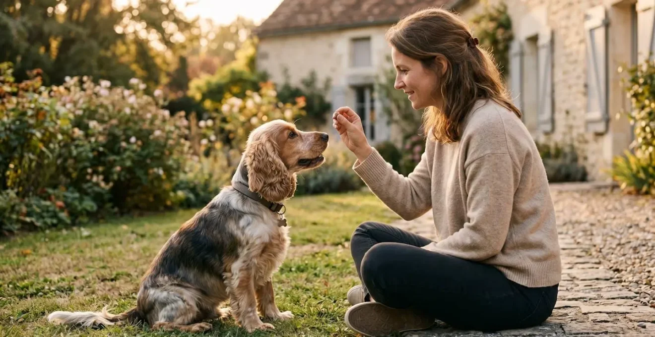 Propriétaire et chien de type Cocker dans un jardin résidentiel lors d'une séance d'éducation positive avec friandises, interaction calme et attentive, lumière naturelle d'après-midi