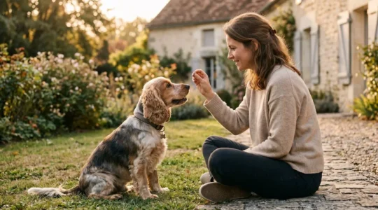 Propriétaire et chien de type Cocker dans un jardin résidentiel lors d'une séance d'éducation positive avec friandises, interaction calme et attentive, lumière naturelle d'après-midi