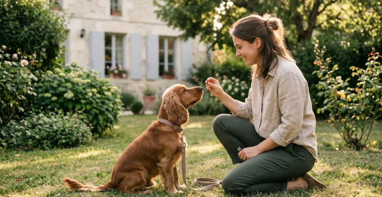 Propriétaire et chien de type Cocker dans un jardin résidentiel lors d'une séance d'éducation positive avec friandises, interaction calme et attentive, lumière naturelle d'après-midi