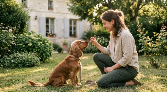 Propriétaire et chien de type Cocker dans un jardin résidentiel lors d'une séance d'éducation positive avec friandises, interaction calme et attentive, lumière naturelle d'après-midi