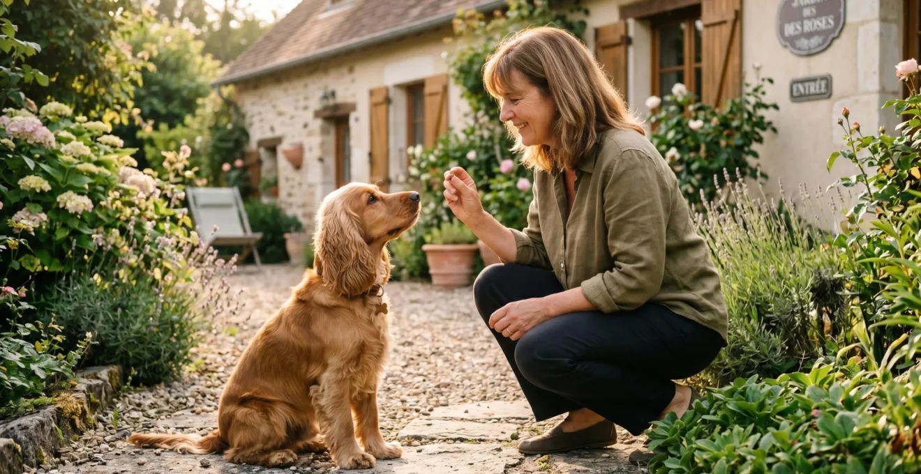 Propriétaire et chien de type Cocker dans un jardin résidentiel lors d'une séance d'éducation positive avec friandises, interaction calme et attentive, lumière naturelle d'après-midi
