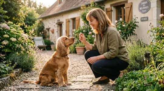 Propriétaire et chien de type Cocker dans un jardin résidentiel lors d'une séance d'éducation positive avec friandises, interaction calme et attentive, lumière naturelle d'après-midi