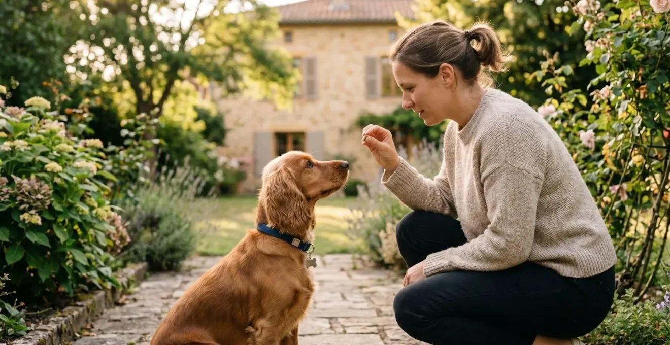 Propriétaire et chien de type Cocker dans un jardin résidentiel lors d'une séance d'éducation positive avec friandises, interaction calme et attentive, lumière naturelle d'après-midi