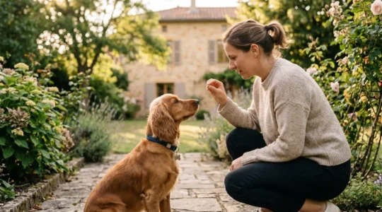 Propriétaire et chien de type Cocker dans un jardin résidentiel lors d'une séance d'éducation positive avec friandises, interaction calme et attentive, lumière naturelle d'après-midi