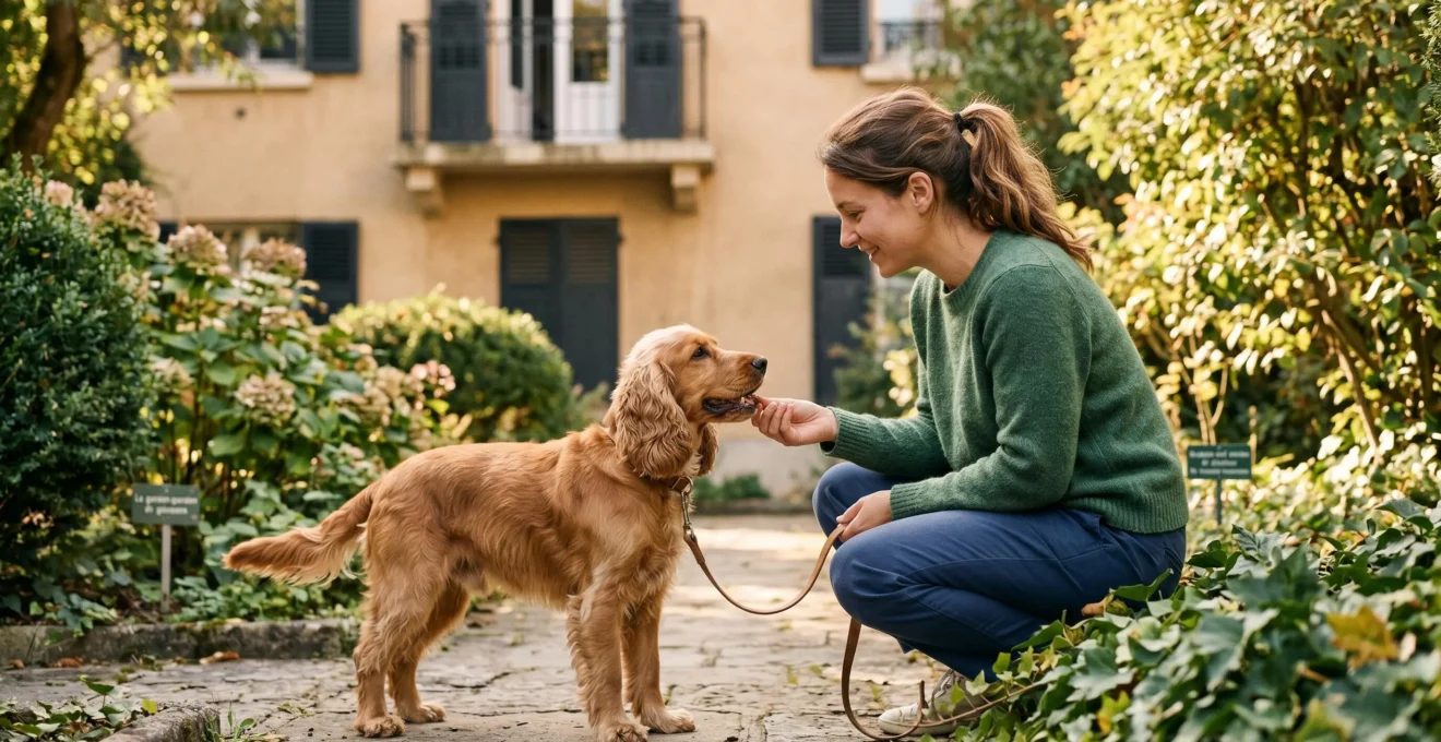 Propriétaire et chien de type Cocker dans un jardin résidentiel lors d'une séance d'éducation positive avec friandises, interaction calme et attentive, lumière naturelle d'après-midi