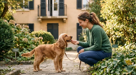 Propriétaire et chien de type Cocker dans un jardin résidentiel lors d'une séance d'éducation positive avec friandises, interaction calme et attentive, lumière naturelle d'après-midi