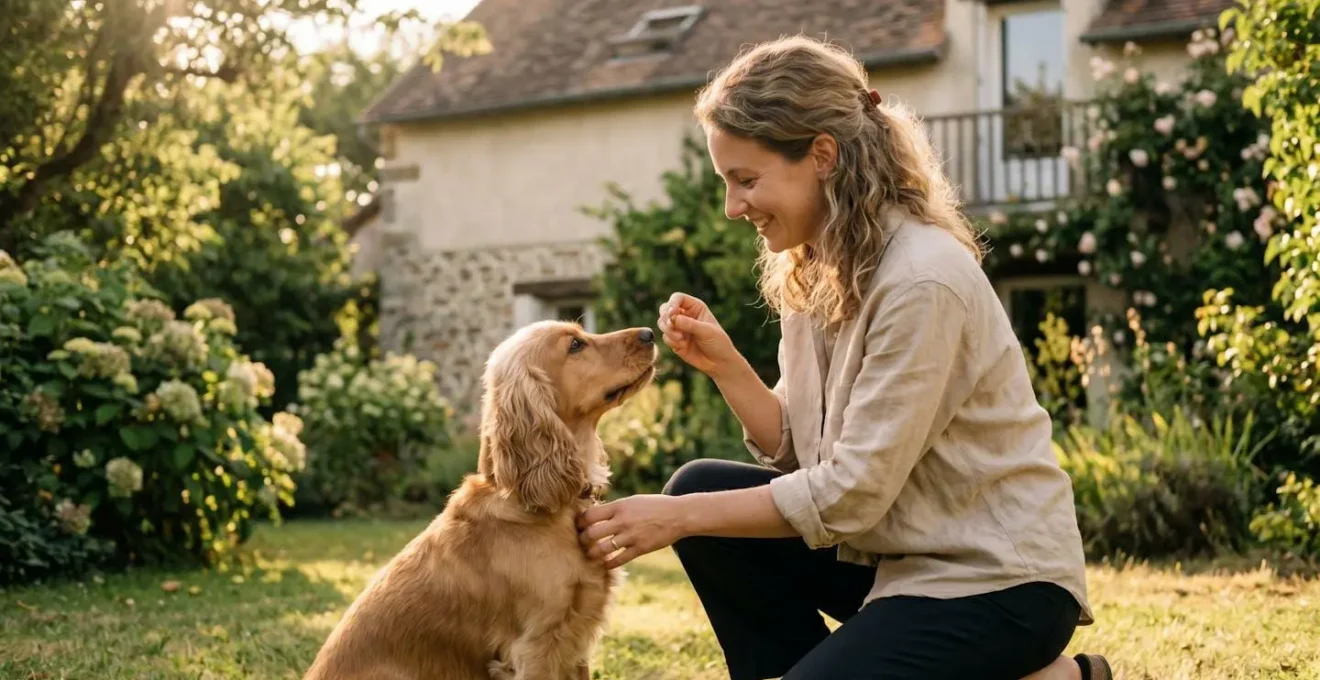 Propriétaire et chien de type Cocker dans un jardin résidentiel lors d'une séance d'éducation positive avec friandises, interaction calme et attentive, lumière naturelle d'après-midi