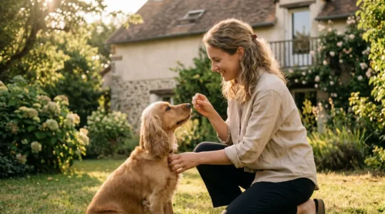 Propriétaire et chien de type Cocker dans un jardin résidentiel lors d'une séance d'éducation positive avec friandises, interaction calme et attentive, lumière naturelle d'après-midi