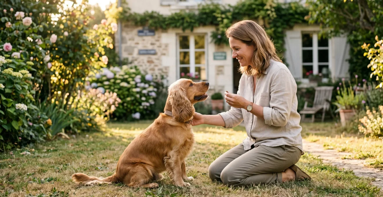 Propriétaire et chien de type Cocker dans un jardin résidentiel lors d'une séance d'éducation positive avec friandises, interaction calme et attentive, lumière naturelle d'après-midi