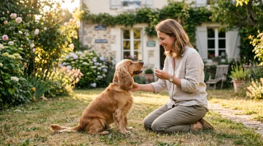 Propriétaire et chien de type Cocker dans un jardin résidentiel lors d'une séance d'éducation positive avec friandises, interaction calme et attentive, lumière naturelle d'après-midi
