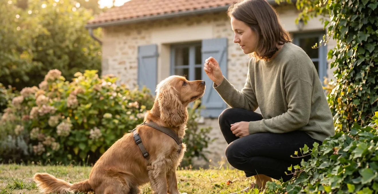 Propriétaire et chien de type Cocker dans un jardin résidentiel lors d'une séance d'éducation positive avec friandises, interaction calme et attentive, lumière naturelle d'après-midi