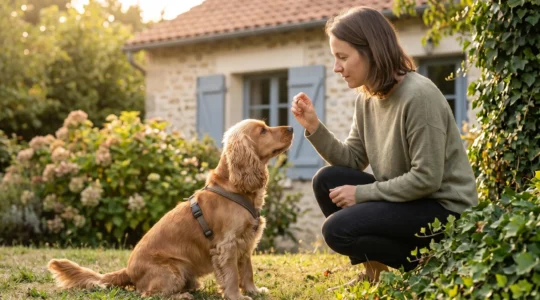 Propriétaire et chien de type Cocker dans un jardin résidentiel lors d'une séance d'éducation positive avec friandises, interaction calme et attentive, lumière naturelle d'après-midi