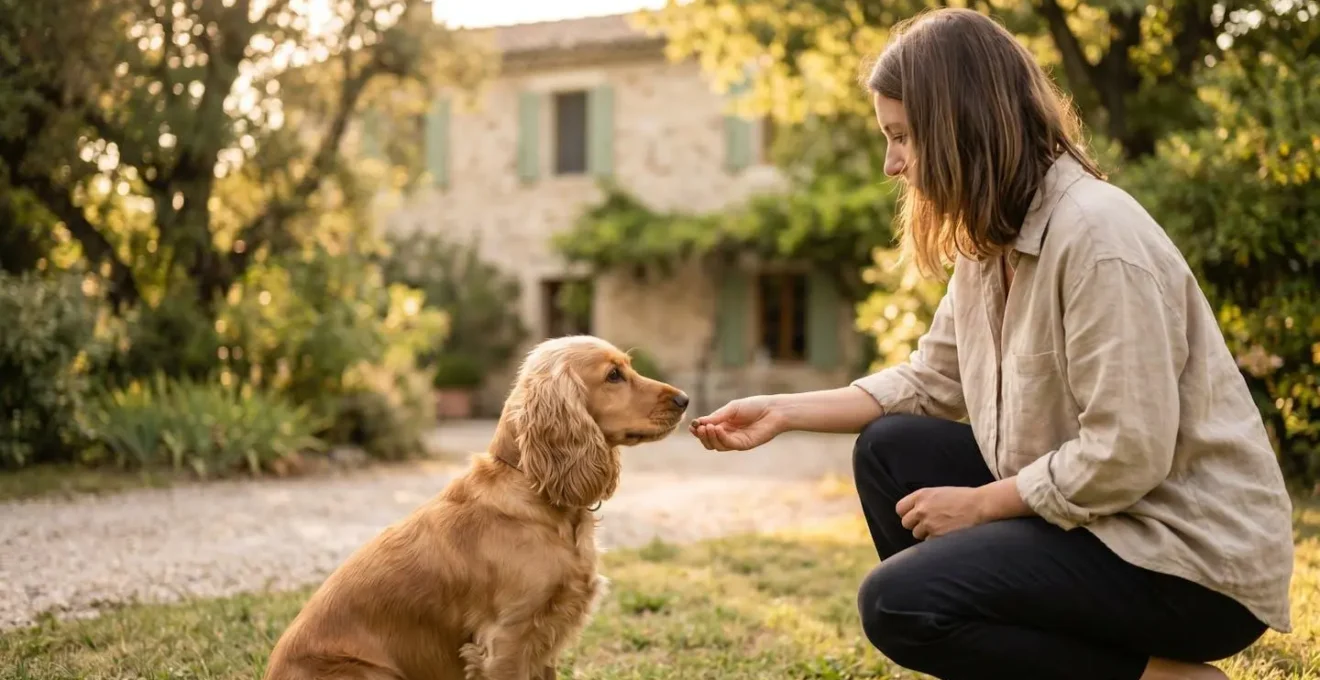 Propriétaire et chien de type Cocker dans un jardin résidentiel lors d'une séance d'éducation positive avec friandises, interaction calme et attentive, lumière naturelle d'après-midi