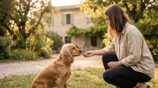 Propriétaire et chien de type Cocker dans un jardin résidentiel lors d'une séance d'éducation positive avec friandises, interaction calme et attentive, lumière naturelle d'après-midi