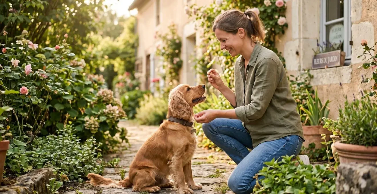 Propriétaire et chien de type Cocker dans un jardin résidentiel lors d'une séance d'éducation positive avec friandises, interaction calme et attentive, lumière naturelle d'après-midi
