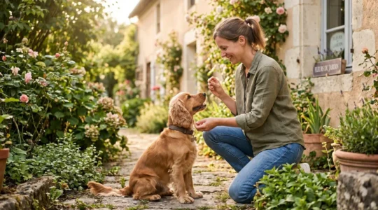 Propriétaire et chien de type Cocker dans un jardin résidentiel lors d'une séance d'éducation positive avec friandises, interaction calme et attentive, lumière naturelle d'après-midi