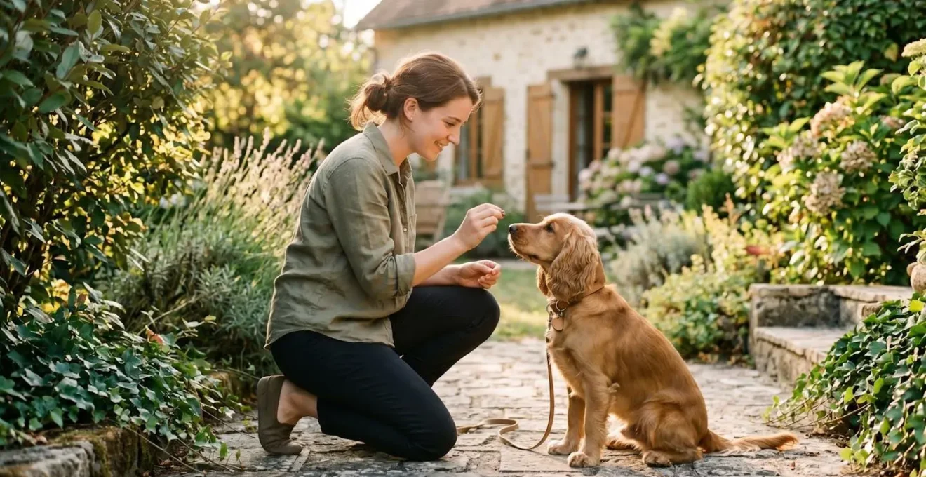 Propriétaire et chien de type Cocker dans un jardin résidentiel lors d'une séance d'éducation positive avec friandises, interaction calme et attentive, lumière naturelle d'après-midi