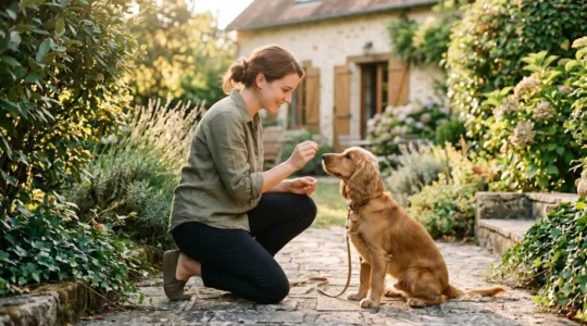 Propriétaire et chien de type Cocker dans un jardin résidentiel lors d'une séance d'éducation positive avec friandises, interaction calme et attentive, lumière naturelle d'après-midi