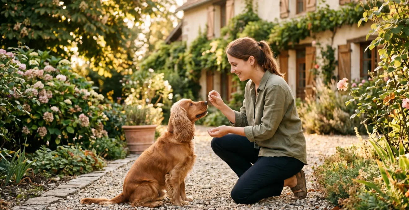 Propriétaire et chien de type Cocker dans un jardin résidentiel lors d'une séance d'éducation positive avec friandises, interaction calme et attentive, lumière naturelle d'après-midi