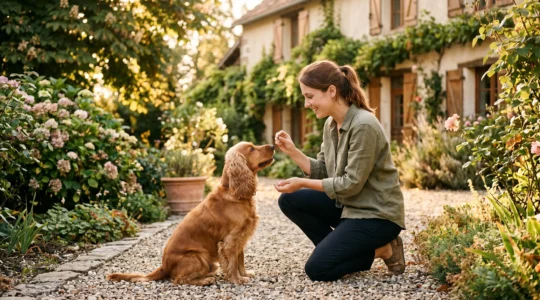 Propriétaire et chien de type Cocker dans un jardin résidentiel lors d'une séance d'éducation positive avec friandises, interaction calme et attentive, lumière naturelle d'après-midi