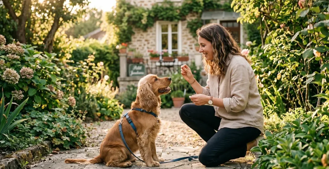 Propriétaire et chien de type Cocker dans un jardin résidentiel lors d'une séance d'éducation positive avec friandises, interaction calme et attentive, lumière naturelle d'après-midi