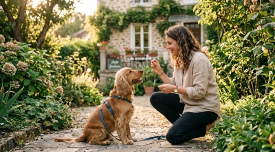 Propriétaire et chien de type Cocker dans un jardin résidentiel lors d'une séance d'éducation positive avec friandises, interaction calme et attentive, lumière naturelle d'après-midi