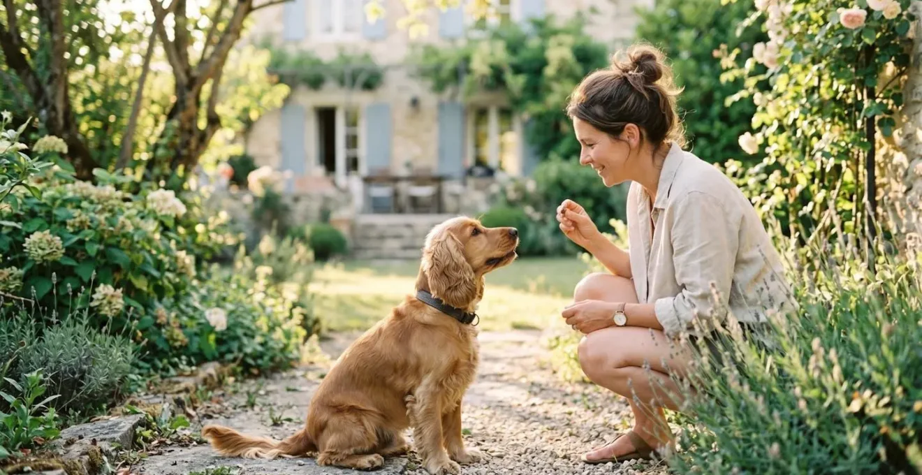 Propriétaire et chien de type Cocker dans un jardin résidentiel lors d'une séance d'éducation positive avec friandises, interaction calme et attentive, lumière naturelle d'après-midi